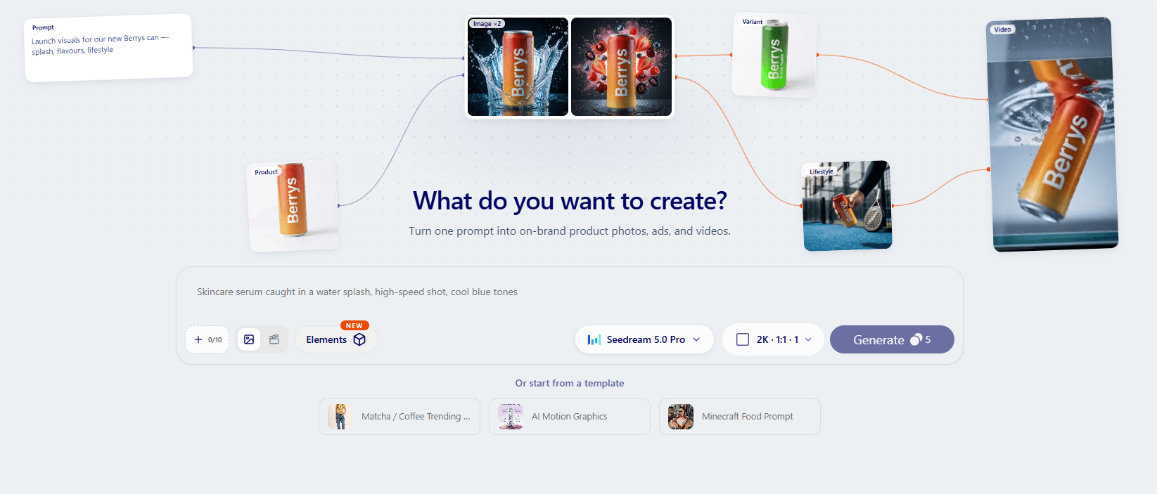 Berrys AI — One prompt branching into product photos, variants, lifestyle shots and video (1 of 6)